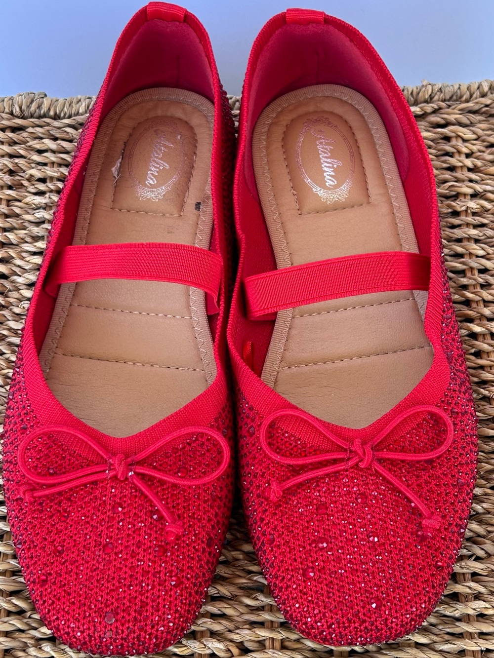 AtAlina Women’s Red Rhinestone Mary Jane Flats  Elastic Instep‎ Strap Size 8.5